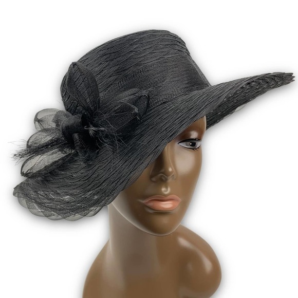 Vintage PLAZE SUITE NEW YORK glam black mesh hat with large bow - Picture 1 of 12